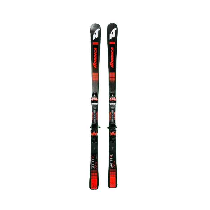 Esquíes Nordica Dobermann Spitfire 72 RB con fijaciones, vista frontal y lateral.
