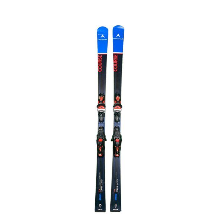 Esquíes Dynastar Speed Course Master GS Konect con fijaciones montadas, vista frontal.