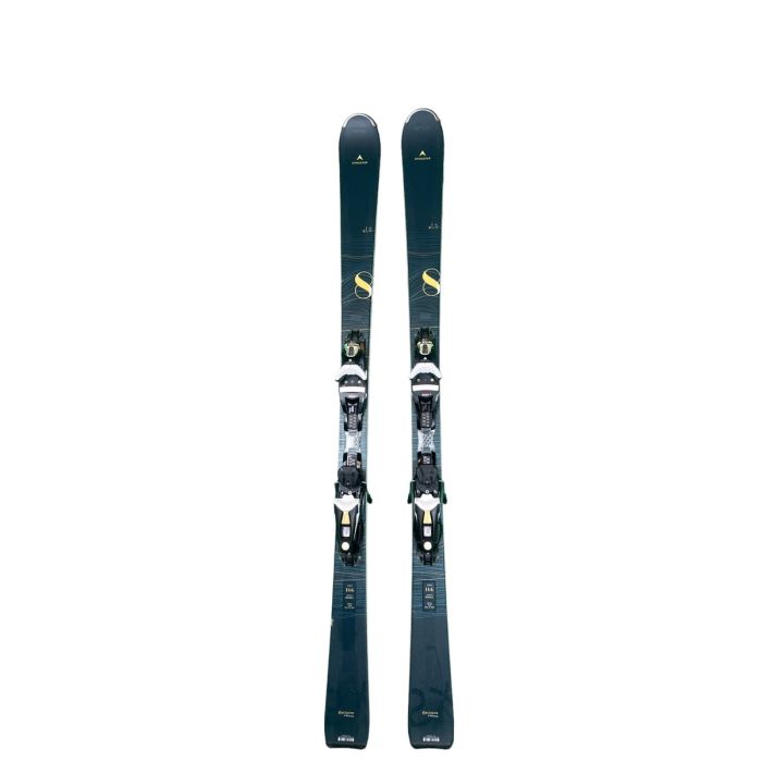 Dynastar E Lite 8: Esquíes all-mountain con diseño estilizado y detalles dorados.