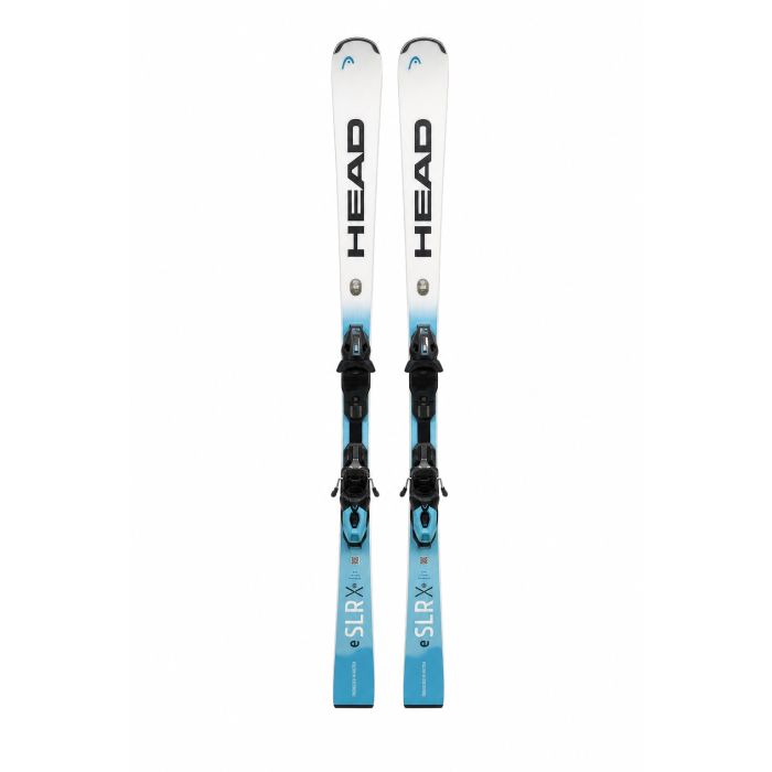 Head Worldcup Rebels e.SLR ski paar vooraanzicht volledig – wit/blauw kleurverloop met zwarte HEAD-opdruk en eSLRX-tekst op staart, inclusief Head PRD 12 GW bindingen, gepresenteerd tegen witte achtergrond in skiwinkel