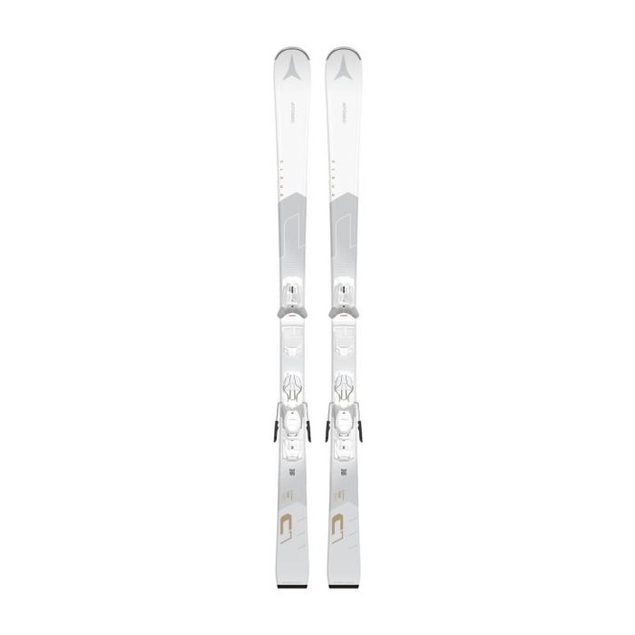 Esquíes Atomic Cloud C7 blancos para mujer con fijaciones visibles.