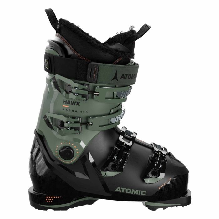 Botas de esquí Atomic Hawx Magna 110 GW Wide Fit, vista lateral con detalles verdes y grises.