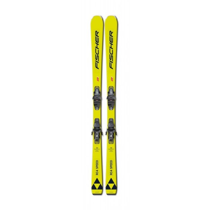 Esquíes Fischer RC4 Speed 2024, vista frontal con fijaciones y diseño elegante.