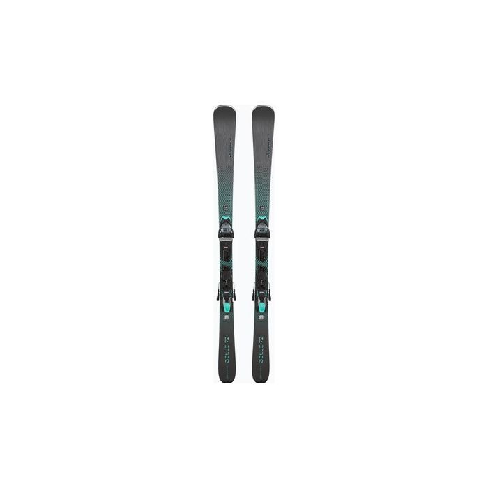 Esquíes Nordica Belle 72 DC para mujer, con fijaciones y diseño elegante.