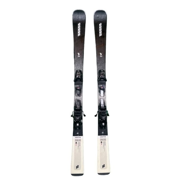 Esquíes K2 Disruption 76 W LTD para mujer con fijaciones montadas.