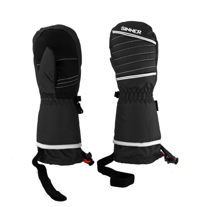 Guantes de esquí Sinner SIGL-167-10 negros con detalles blancos y correas ajustables.