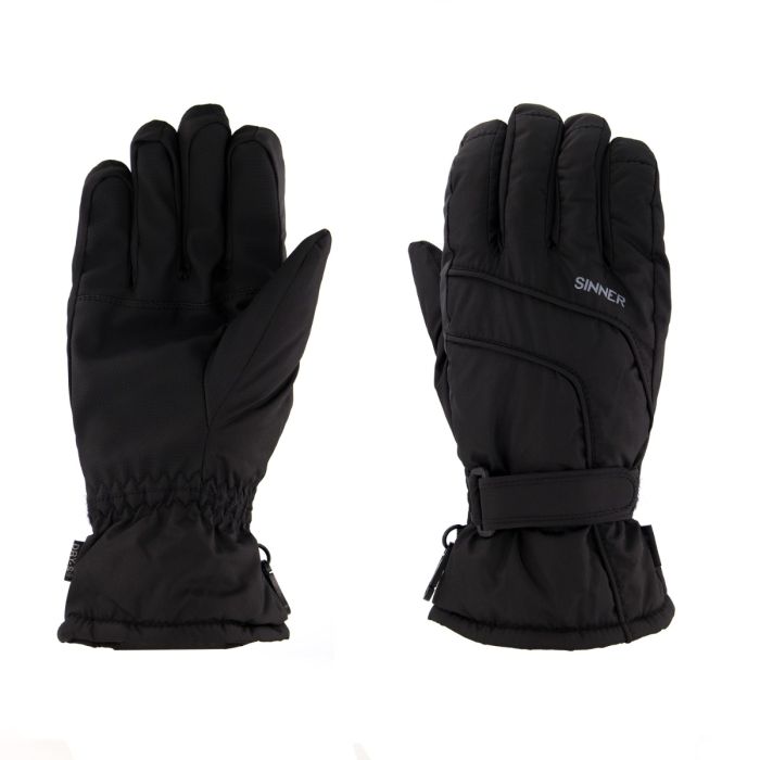 Guantes negros Sinner DRY-S® listos para usar, mostrando el logo de la marca en el dorso de la mano.