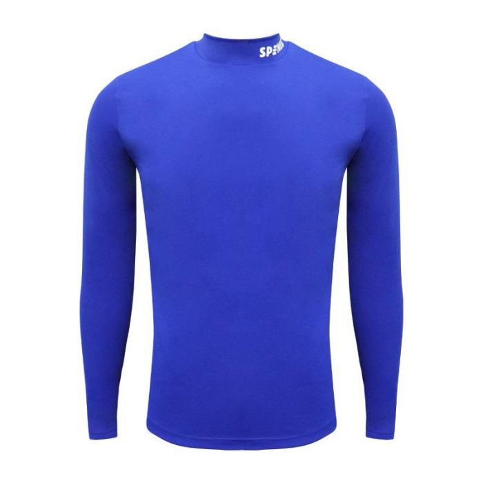 Camiseta térmica Spines azul con logotipo visible en el cuello, parte delantera.