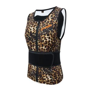 Spines The Leopard rugbeschermer met luipaardprint, mouwloos vest schuin van voren met oranje logo en rits