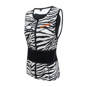 Spines The Zebra rugbeschermer met zebraprint, vooraanzicht van het mouwloze vest met rits, oranje logo en zwarte buikband