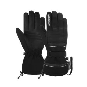 Reusch Conan R-TEX XT skihandschoenen zwart-wit, paar naast elkaar met de handrug, wit logo en polsband in beeld