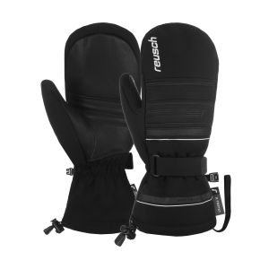 Reusch Conan R-TEX XT Mitten zwart met wit, paar naast elkaar met handrug, reusch-logo en verstelbare polsband