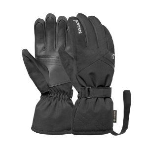 Reusch Alba GORE-TEX skihandschoenen dames zwart, paar naast elkaar met handpalm links en handrug met zilveren logo
