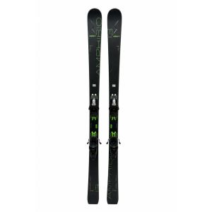Elan Amphibio 13 ski paar vooraanzicht – zwarte ski's met groene opdruk 'AMPHIBIO 13' en Elan logo, 179 cm lengte zichtbaar op de staart, inclusief zwarte ELS ski-bindingen, gefotografeerd op witte achtergrond