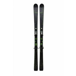 Elan Amphibio 13 C ski paar vooraanzicht 176 cm zwart-groen design met ELX 11.0 GW bindingen, opgesteld voor witte achtergrond in skiwinkel met Nordica en Völkl ski's zichtbaar aan de zijkant