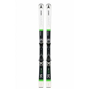 Atomic Redster SC 178 cm ski paar vooraanzicht met witte, zwarte en groene kleurstelling en Atomic M 10 GW bindingen, tentoongesteld in een skiwinkel