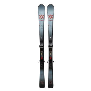 Esquíes Völkl Deacon 72 con fijaciones, vista frontal y lateral.