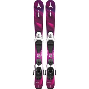 Esquíes Atomic Maven Girl 2024 con fijaciones, diseño morado y blanco.